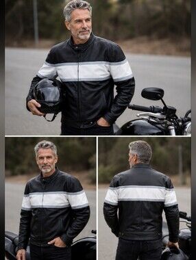 X element Black and White Cowhide Leather Motorcycle Jacket